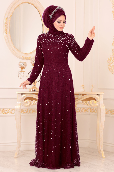Rouge Bordeaux-Tesettürlü Abiye Elbise - Robe de Soirée Hijab 3130BR