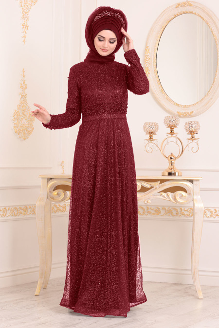 Rouge Bordeaux-Tesettürlü Abiye Elbise - Robe de Soirée Hijab 32501BR