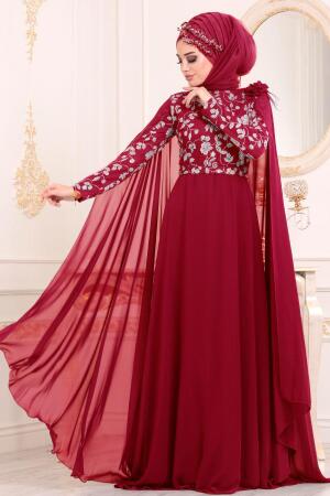 Rouge Bordeaux-Tesettürlü Abiye Elbise - Robe de Soirée Hijab 3285BR - 1