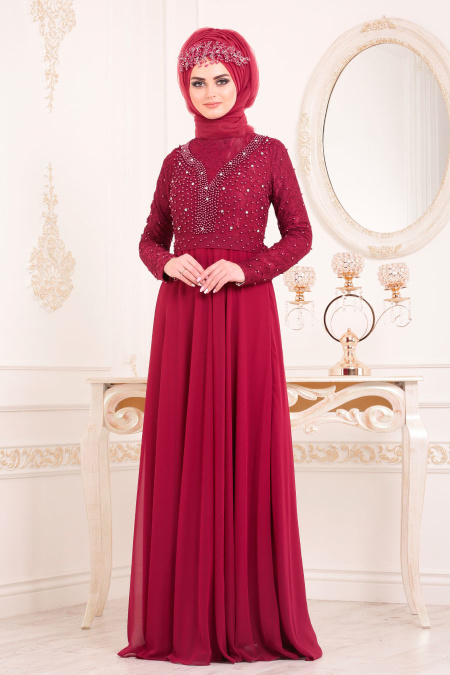 Rouge Bordeaux-Tesettürlü Abiye Elbise - Robe de Soirée Hijab 3291BR