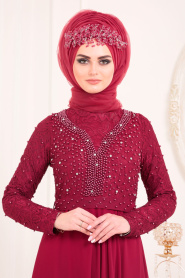 Rouge Bordeaux-Tesettürlü Abiye Elbise - Robe de Soirée Hijab 3291BR - Thumbnail