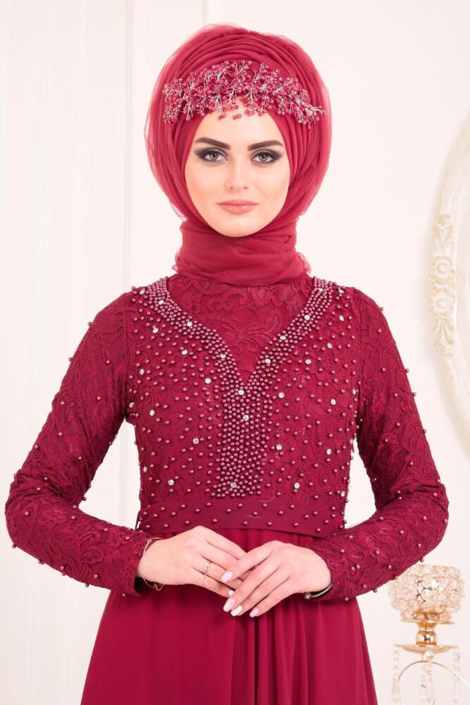 Rouge Bordeaux-Tesettürlü Abiye Elbise - Robe de Soirée Hijab 3291BR - 2