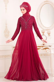 Rouge Bordeaux-Tesettürlü Abiye Elbise - Robe de Soirée Hijab 3291BR - Thumbnail
