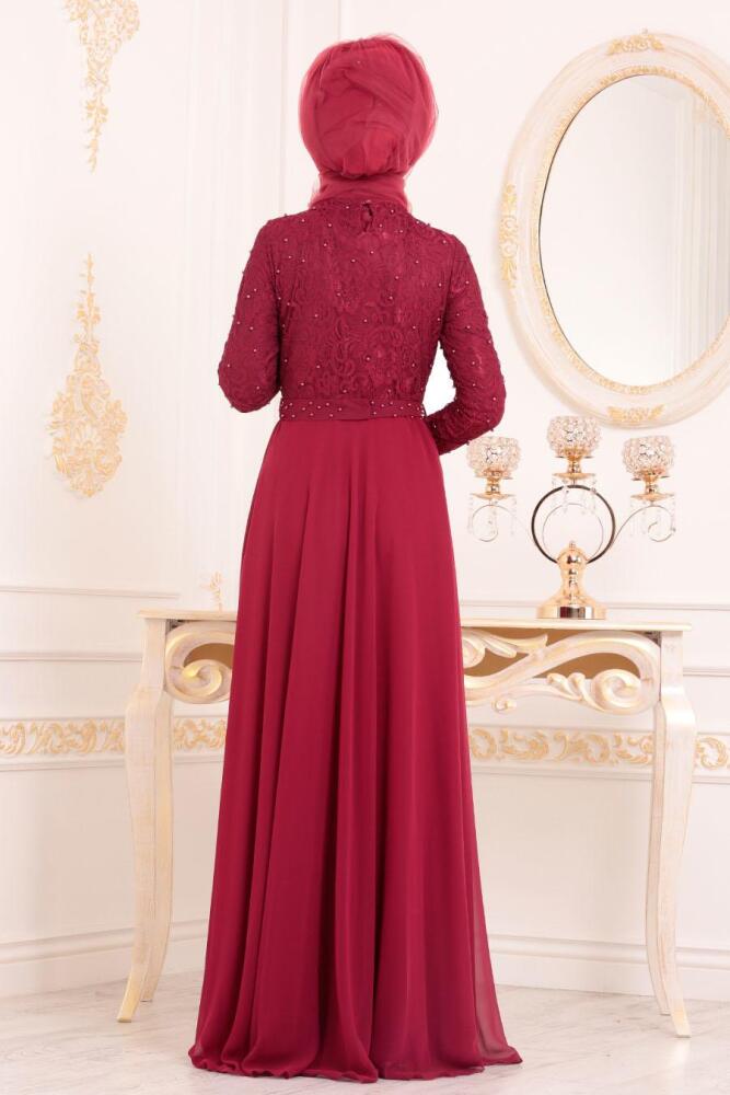 Rouge Bordeaux-Tesettürlü Abiye Elbise - Robe de Soirée Hijab 3291BR - 4