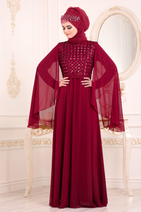 Rouge Bordeaux-Tesettürlü Abiye Elbise - Robe de Soirée Hijab 3293BR