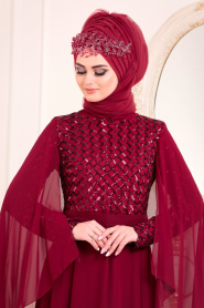 Rouge Bordeaux-Tesettürlü Abiye Elbise - Robe de Soirée Hijab 3293BR - Thumbnail