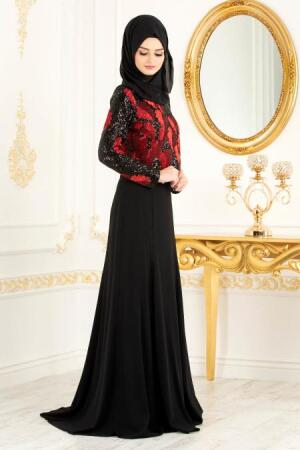 Rouge Bordeaux - Tesettürlü Abiye Elbise - Robe de Soirée Hijab 3722BR - Thumbnail