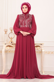 Rouge Bordeaux-Tesettürlü Abiye Elbise - Robe de Soirée Hijab 3726BR - Thumbnail