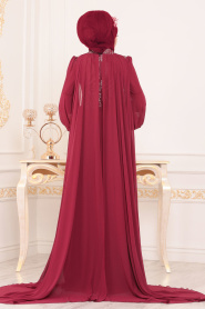 Rouge Bordeaux-Tesettürlü Abiye Elbise - Robe de Soirée Hijab 3726BR - Thumbnail