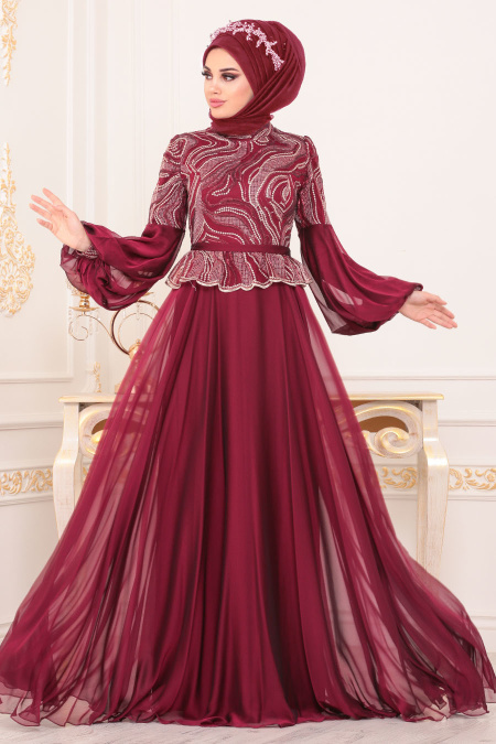 Rouge Bordeaux-Tesettürlü Abiye Elbise - Robe de Soirée Hijab 3731BR