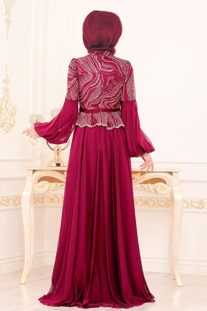 Rouge Bordeaux-Tesettürlü Abiye Elbise - Robe de Soirée Hijab 3731BR - 3