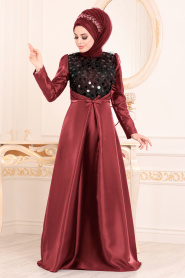 Rouge Bordeaux-Tesettürlü Abiye Elbise - Robe de Soirée Hijab 3755BR - Thumbnail