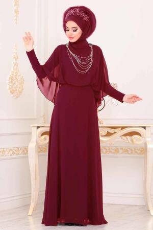 Rouge Bordeaux - Tesettürlü Abiye Elbise - Robe de Soirée Hijab -3829BR - 1