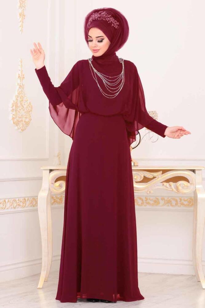 Rouge Bordeaux - Tesettürlü Abiye Elbise - Robe de Soirée Hijab -3829BR - 1