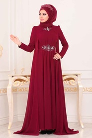 Rouge Bordeaux - Tesettürlü Abiye Elbise - Robe de Soirée Hijab -3851BR - Thumbnail