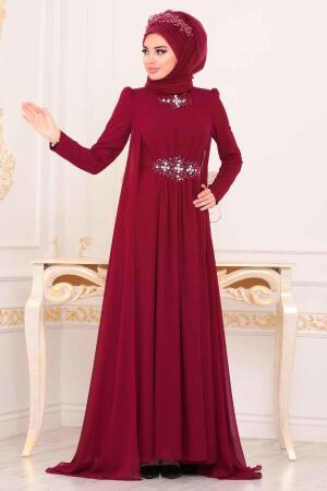 Rouge Bordeaux - Tesettürlü Abiye Elbise - Robe de Soirée Hijab -3851BR - 3