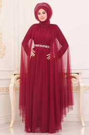 Rouge Bordeaux - Tesettürlü Abiye Elbise - Robe de Soirée Hijab - 3906BR - Thumbnail