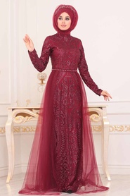 Rouge Bordeaux - Tesettürlü Abiye Elbise - Robe de Soirée Hijab - 39370BR - Thumbnail