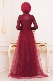 Rouge Bordeaux - Tesettürlü Abiye Elbise - Robe de Soirée Hijab - 39370BR - Thumbnail