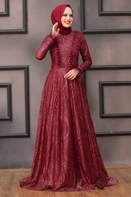 Rouge Bordeaux - Tesettürlü Abiye Elbise - Robe de Soirée Hijab - 39430BR - Thumbnail