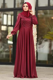 Rouge Bordeaux - Tesettürlü Abiye Elbise - Robe de Soirée Hijab - 39490BR - Thumbnail