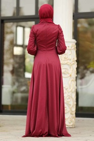 Rouge Bordeaux - Tesettürlü Abiye Elbise - Robe de Soirée Hijab - 39490BR - Thumbnail