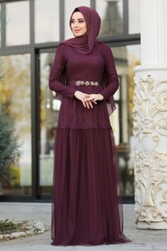 Rouge Bordeaux - Tesettürlü Abiye Elbise - Robe de Soirée Hijab - 3980BR - Thumbnail