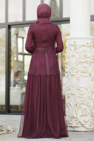 Rouge Bordeaux - Tesettürlü Abiye Elbise - Robe de Soirée Hijab - 3980BR - Thumbnail