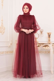 Rouge Bordeaux - Tesettürlü Abiye Elbise - Robe de Soirée Hijab - 40020BR - Thumbnail