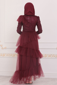 Rouge Bordeaux - Tesettürlü Abiye Elbise - Robe de Soirée Hijab - 4099BR - Thumbnail