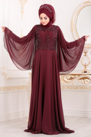 Rouge Bordeaux-Tesettürlü Abiye Elbise -Robe de Soirée Hijab 4675BR - Thumbnail