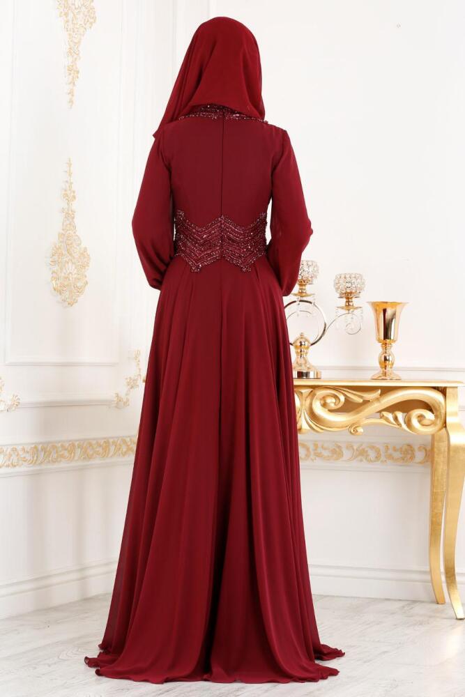 Rouge Bordeaux - Tesettürlü Abiye Elbise - Robe de Soirée Hijab 4678BR - 1
