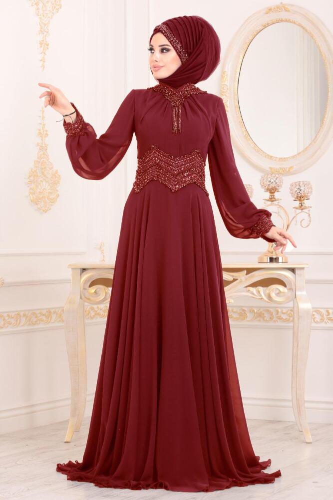 Rouge Bordeaux - Tesettürlü Abiye Elbise - Robe de Soirée Hijab 4678BR - 2