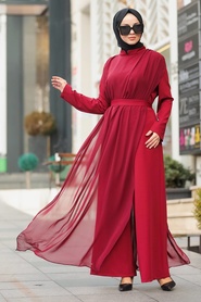 Rouge Bordeaux - Tesettürlü Abiye Elbise - Robe de Soirée Hijab - 51182BR - Thumbnail
