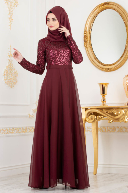 Rouge Bordeaux - Tesettürlü Abiye Elbise - Robe de Soirée Hijab 81620BR