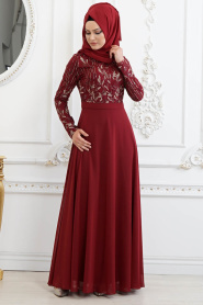 Rouge Bordeaux - Tesettürlü Abiye Elbise - Robe de Soirée Hijab 82220BR - Thumbnail