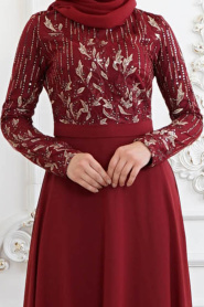 Rouge Bordeaux - Tesettürlü Abiye Elbise - Robe de Soirée Hijab 82220BR - Thumbnail