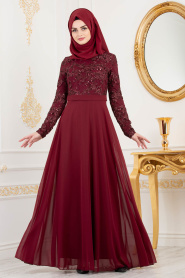 Rouge Bordeaux - Tesettürlü Abiye Elbise - Robe de Soirée Hijab 82221BR - Thumbnail
