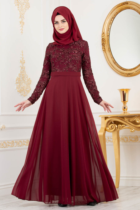 Rouge Bordeaux - Tesettürlü Abiye Elbise - Robe de Soirée Hijab 82221BR