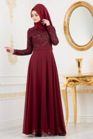 Rouge Bordeaux - Tesettürlü Abiye Elbise - Robe de Soirée Hijab 82221BR - Thumbnail
