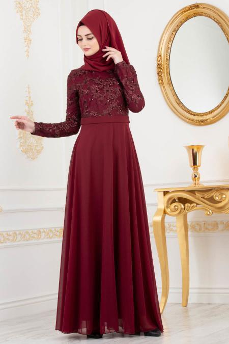 Rouge Bordeaux - Tesettürlü Abiye Elbise - Robe de Soirée Hijab 82221BR - 2