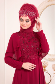 Rouge Bordeaux -Tesettürlü Abiye Elbise - Robe de Soirée Hijab - 8448BR - Thumbnail