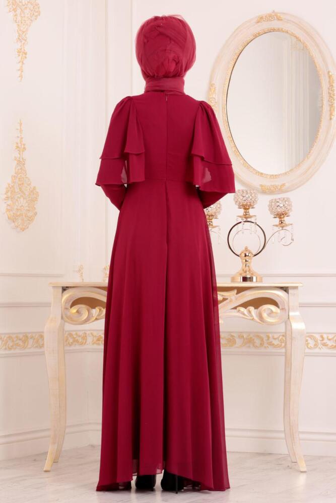 Rouge Bordeaux -Tesettürlü Abiye Elbise - Robe de Soirée Hijab - 8448BR - 3