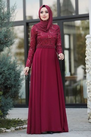 Rouge Bordeaux - Tesettürlü Abiye Elbise - Robe de Soirée Hijab - 8462BR - Thumbnail