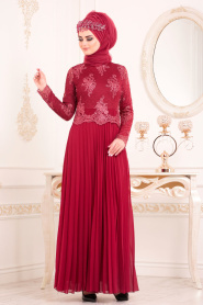 Rouge Bordeaux - Tesettürlü Abiye Elbise - Robe de Soirée Hijab - 8504BR - Thumbnail