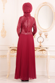 Rouge Bordeaux - Tesettürlü Abiye Elbise - Robe de Soirée Hijab - 8504BR - Thumbnail