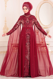 Rouge Bordeaux- Tesettürlü Abiye Elbise - Robe de Soirée Hijab 85130BR - Thumbnail