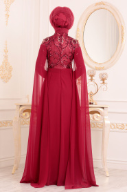 Rouge Bordeaux- Tesettürlü Abiye Elbise - Robe de Soirée Hijab 85130BR - Thumbnail