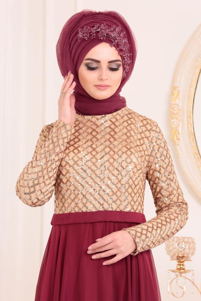 Rouge Bordeaux- Tesettürlü Abiye Elbise - Robe de Soirée Hijab 85310BR - 2