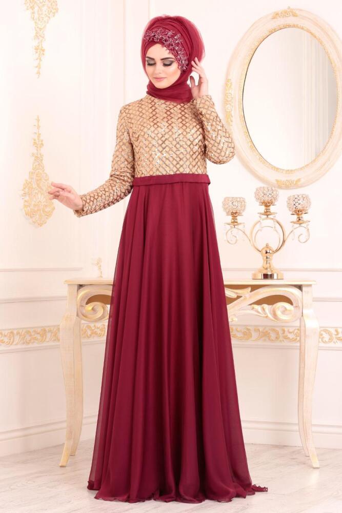 Rouge Bordeaux- Tesettürlü Abiye Elbise - Robe de Soirée Hijab 85310BR - 3